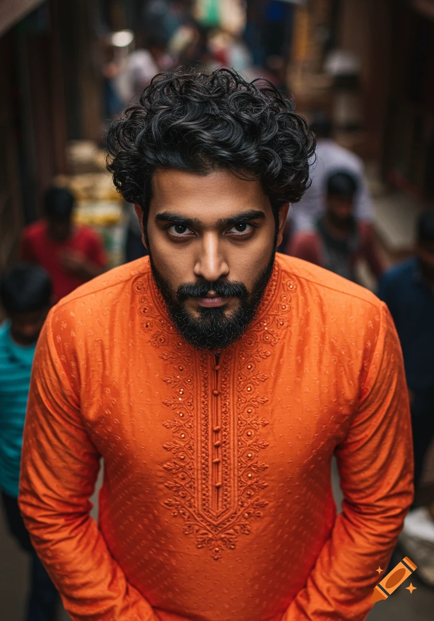 Portrait of an Indian man in an orange embroidered garment standing in a crowded street.