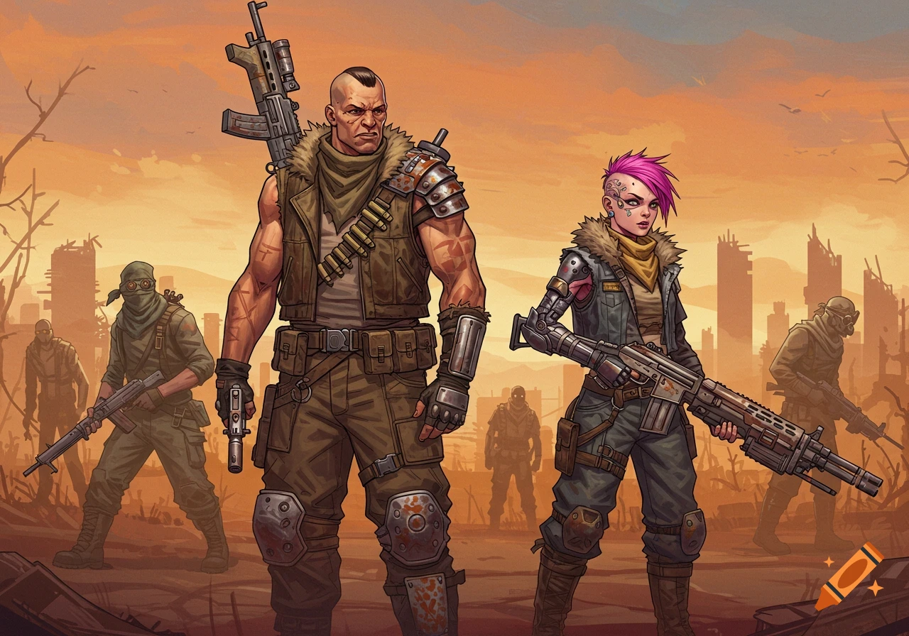post-apocalyptic raiders standing in front of ruined city at sunset.