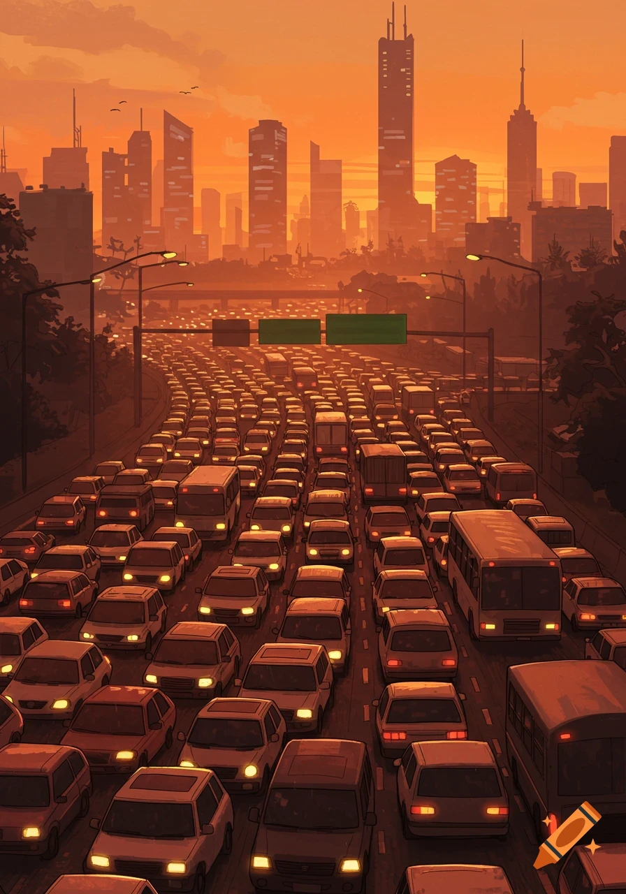 A large traffic jam on a highway leading to a city skyline at sunset