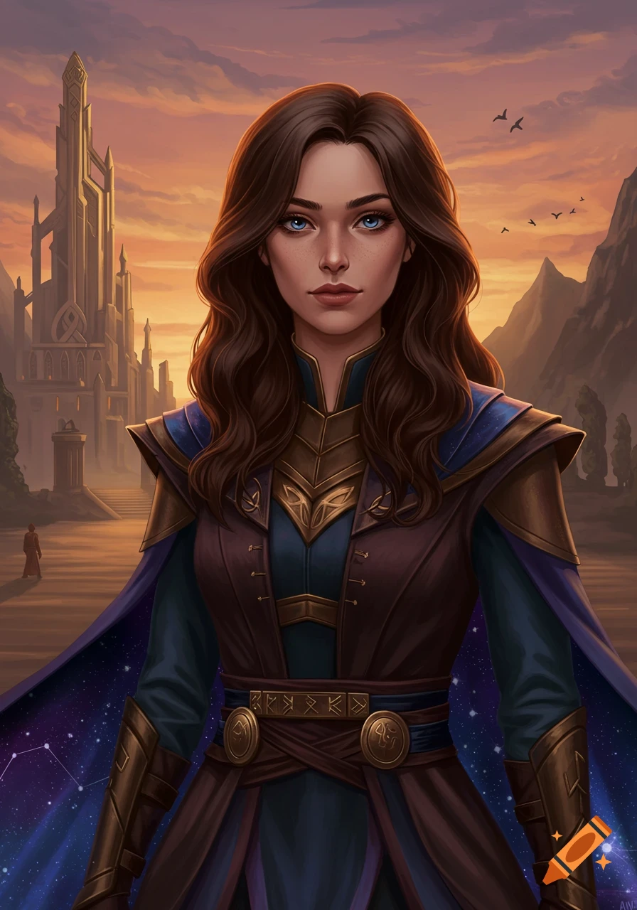 A young woman in fantasy robes stands in front of a castle at sunset.