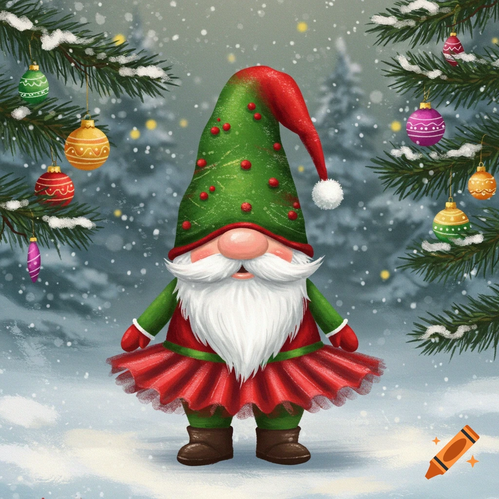 A Christmas gnome in a red and green tutu and hat stands in the snow under decorated trees.