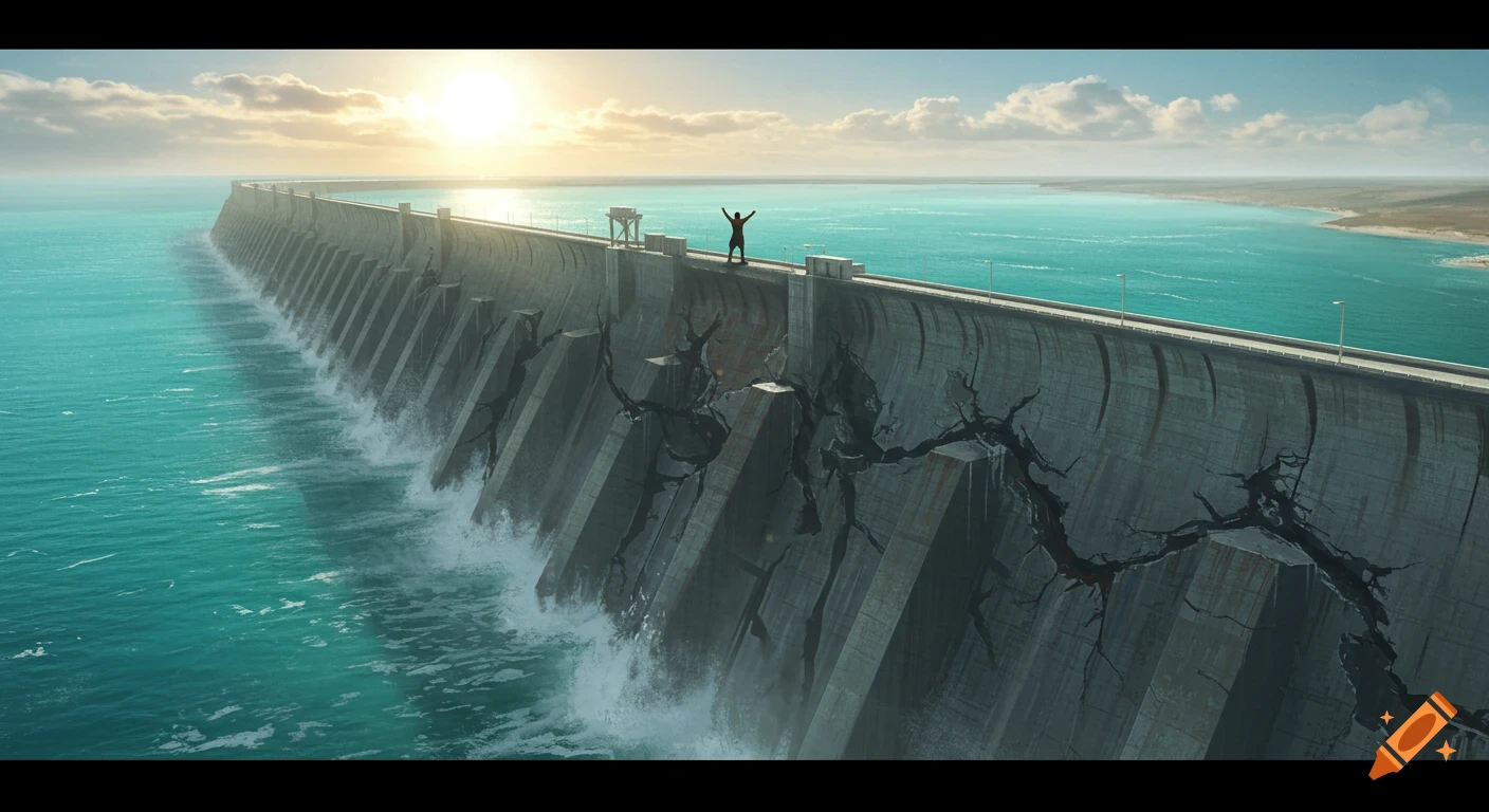 A person stands on a large cracking dam, gazing out at the sea as the sun sets.