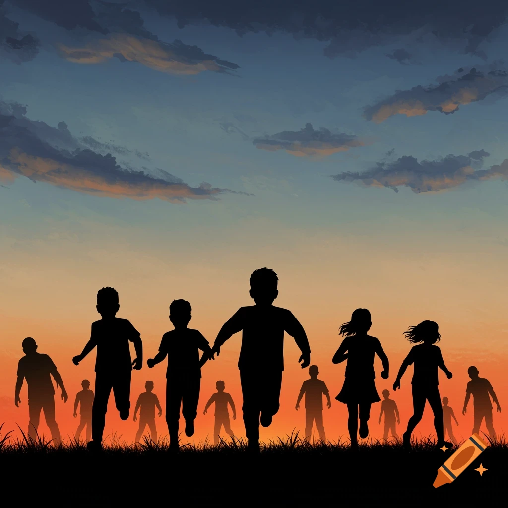 Silhouettes of children running from darker figures against a vibrant sunset sky.