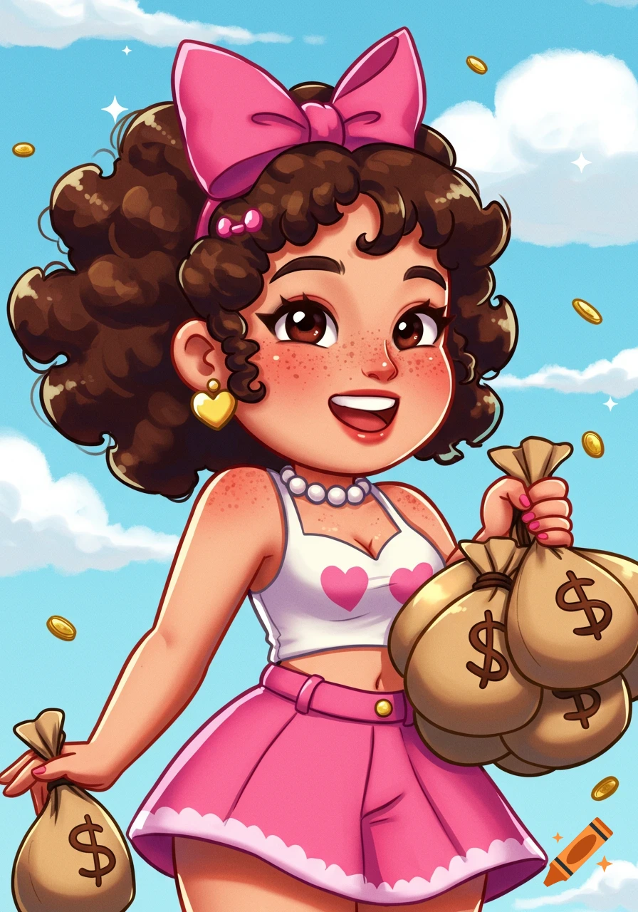 Animated woman holding money bags, cartoon style.