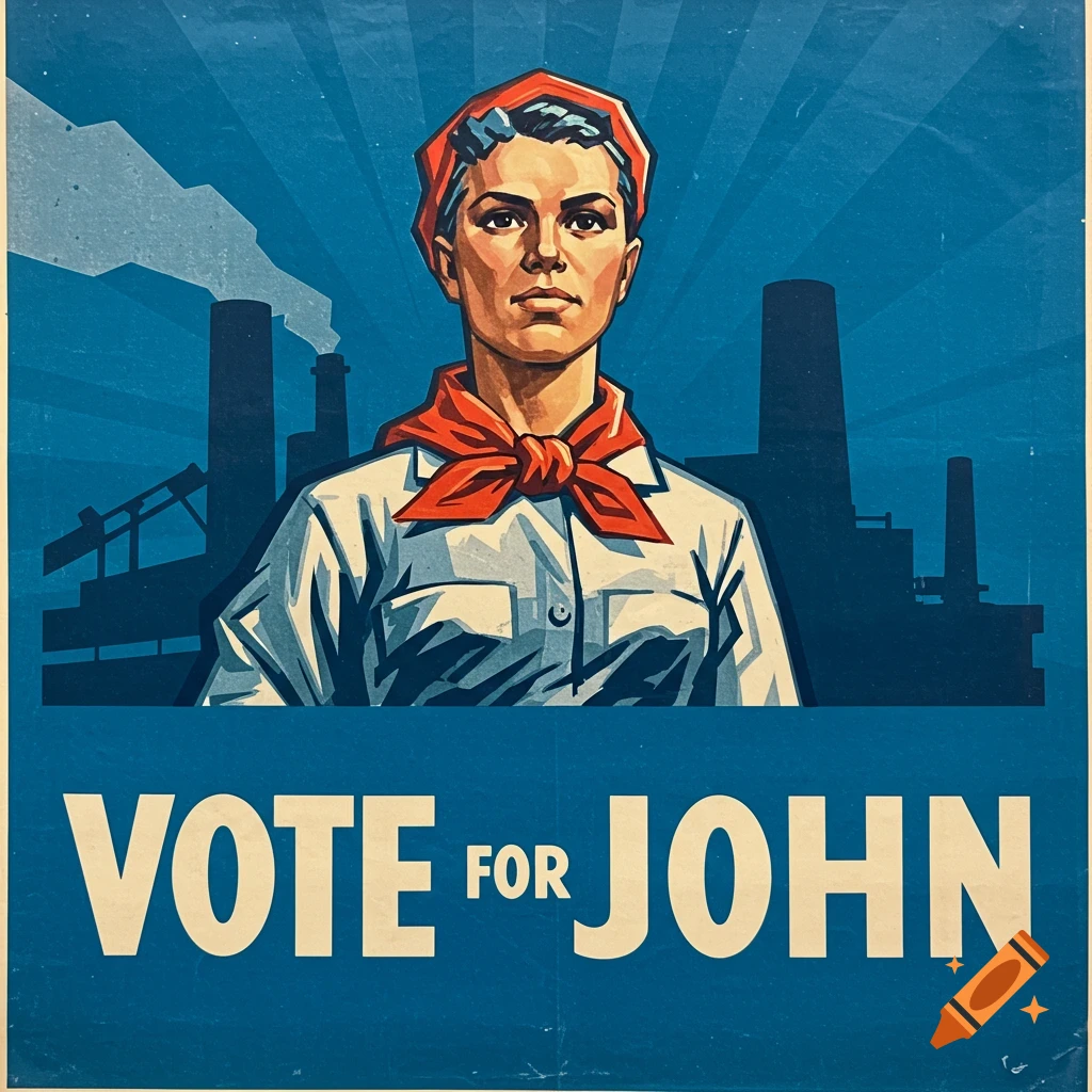 Soviet-style propaganda poster showing a worker and factories under blue rays, with text 'VOTE FOR JOHN'.