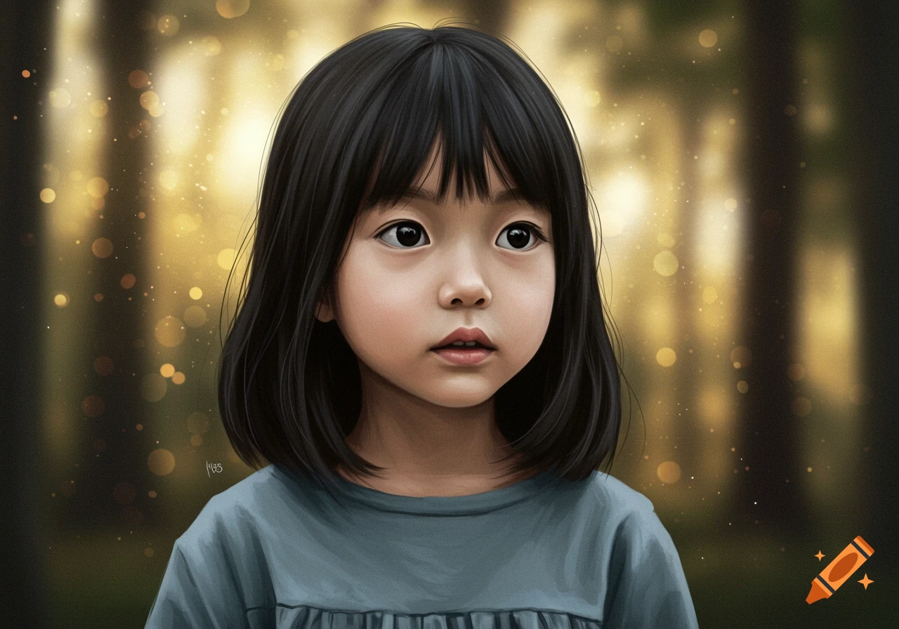 A portrait of a young girl with black hair looking forward, against a blurred golden forest background.