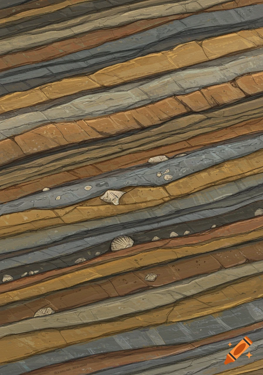 Layered sedimentary rock with embedded fossils.