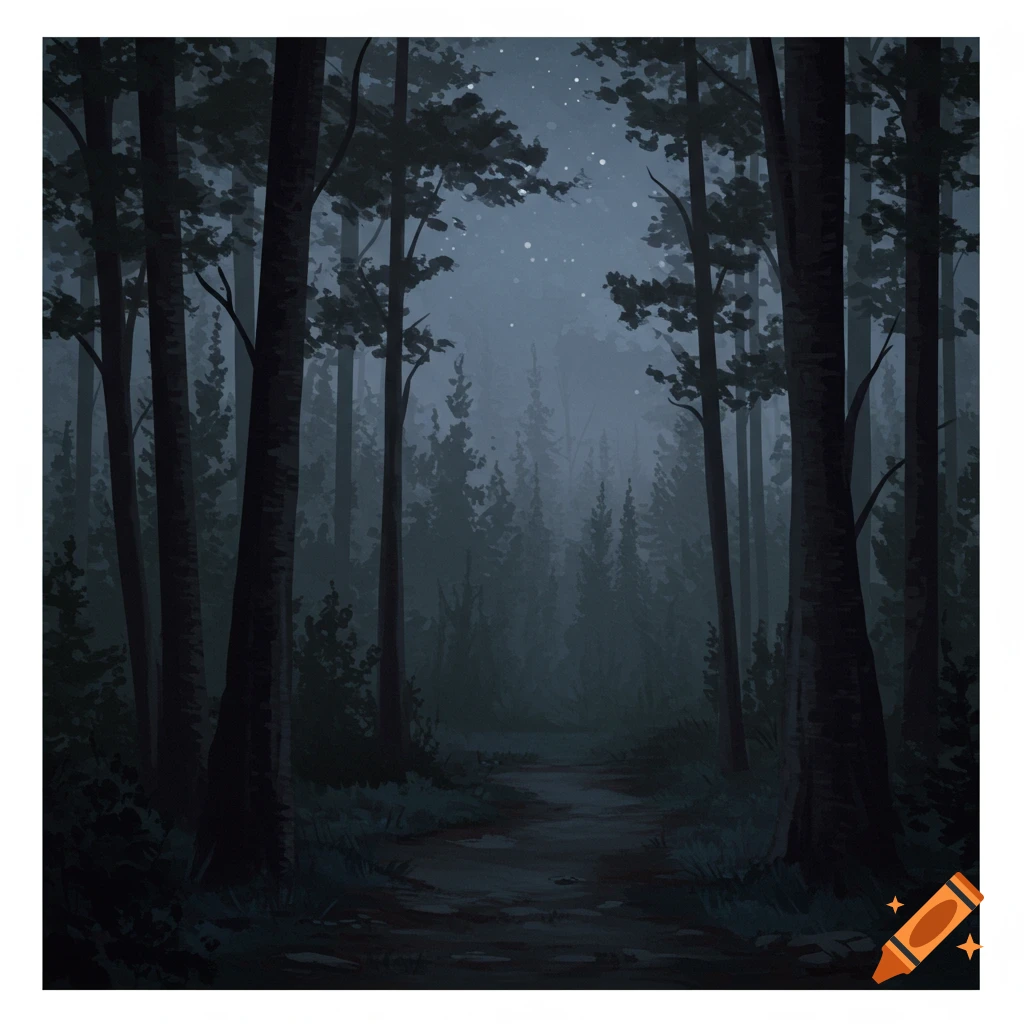 A dark, misty forest path at night.