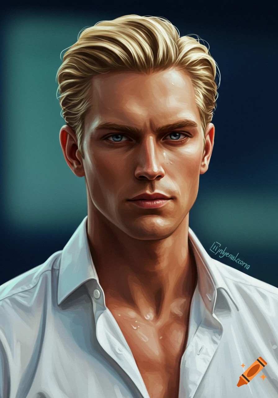 A portrait of a blonde man with slicked back hair.