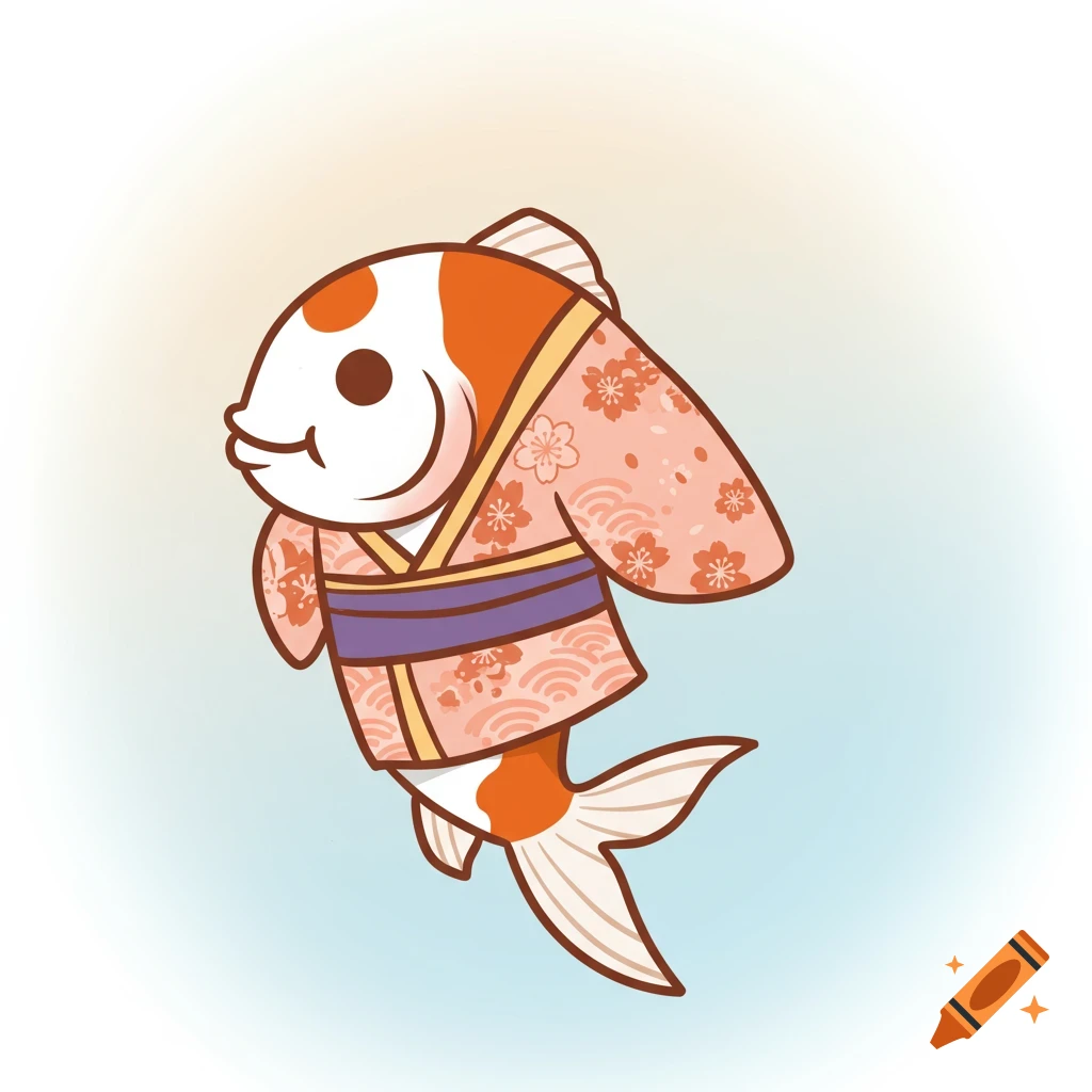 A cute cartoon koi fish wearing a pink kimono with flower patterns.