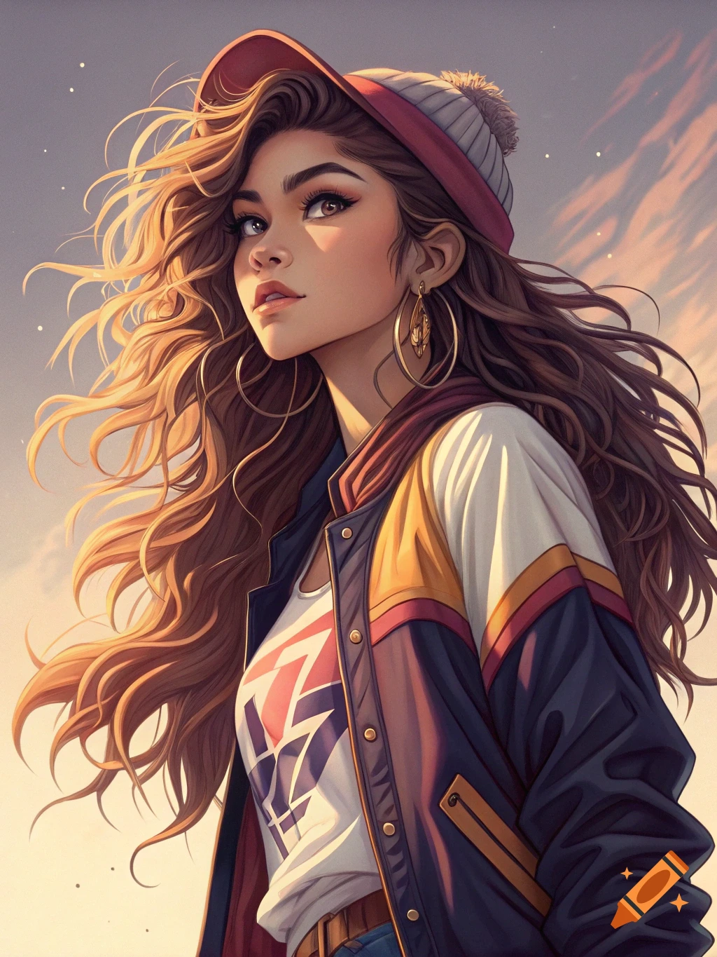 Anime style portrait of a young woman in a baseball cap and bomber jacket
