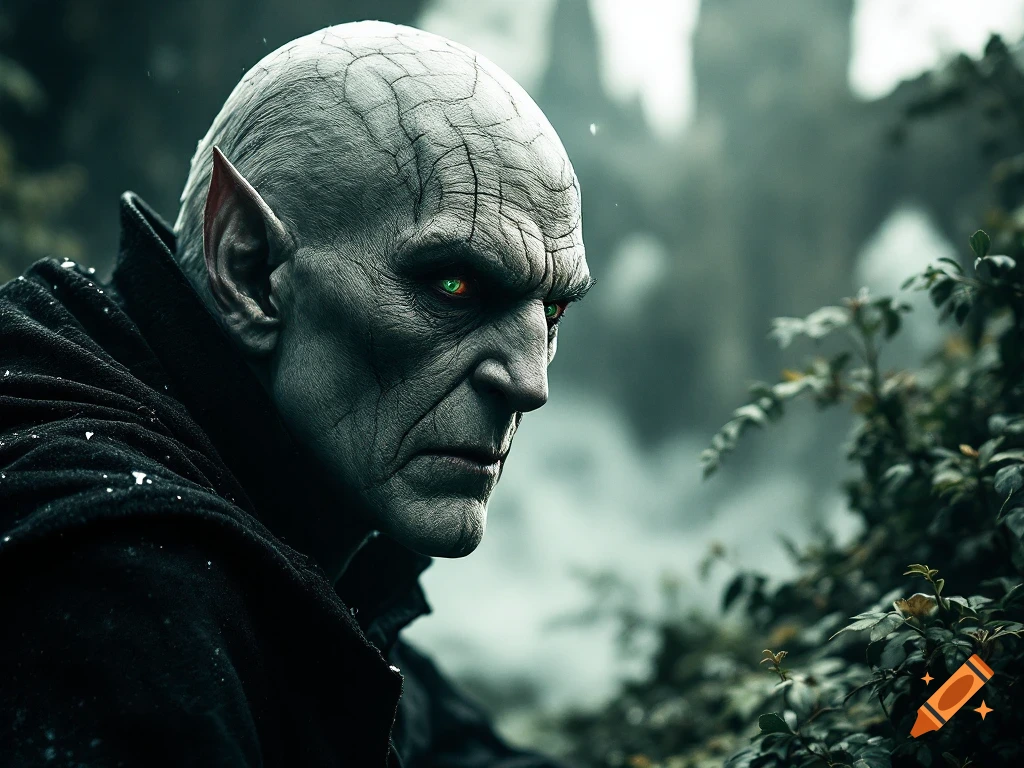 Close-up portrait of a gaunt fantasy creature with grey skin, pointed ears, green eyes, and a dark cloak in a ruin.