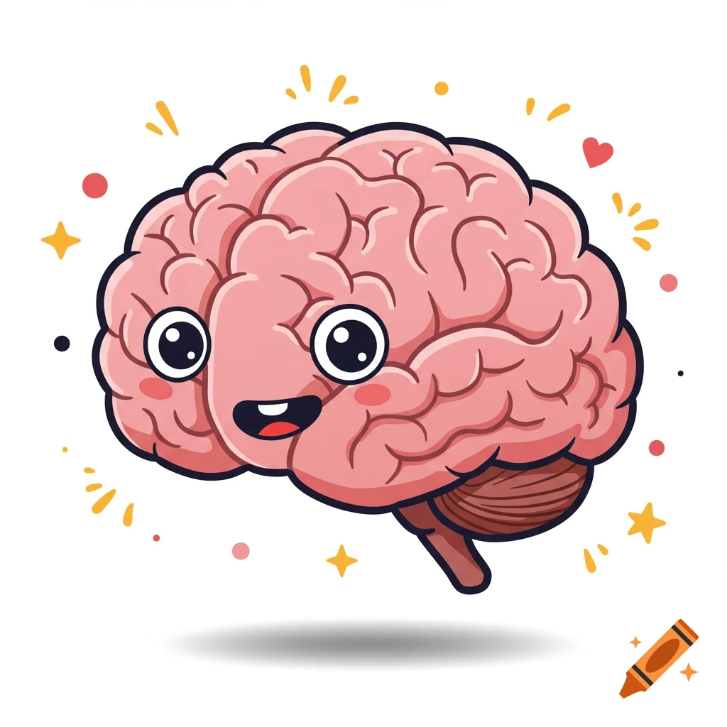 A cute cartoon brain illustration with eyes, a smile, and surrounding sparkles.