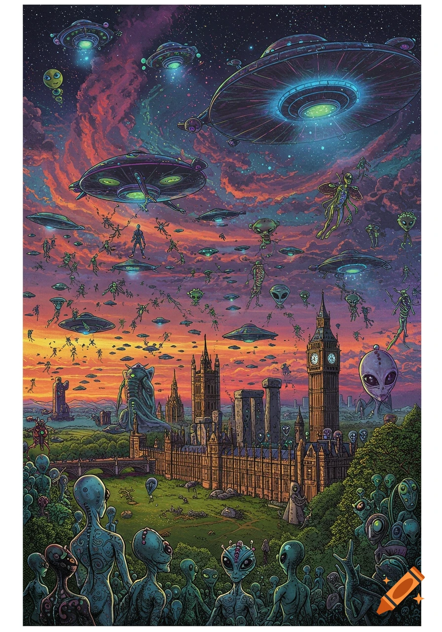 Stylized depiction of an alien invasion over London landmarks including Big Ben and Stonehenge.