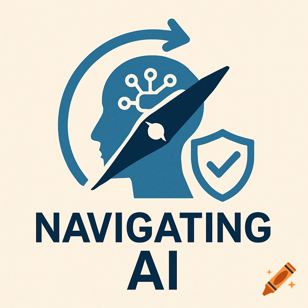 Logo with a head silhouette, compass, shield, and text NAVIGATING AI.