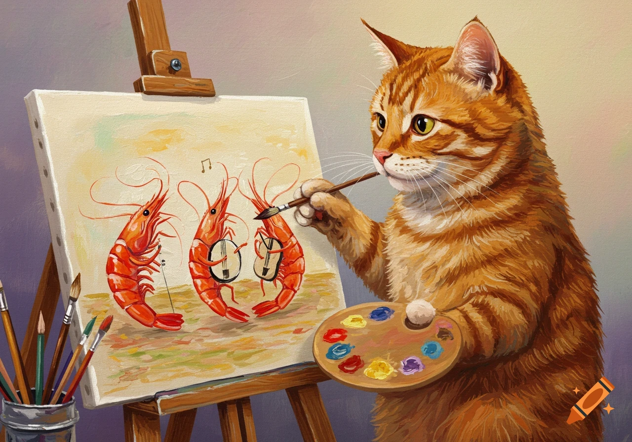 An orange cat paints a picture of three shrimp playing musical instruments on an easel.