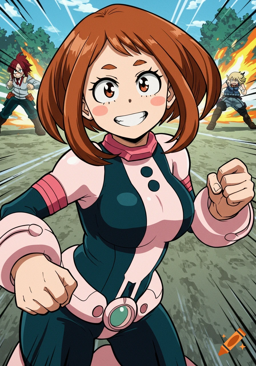 Anime illustration of Ochaco Uraraka running in a race with other characters.