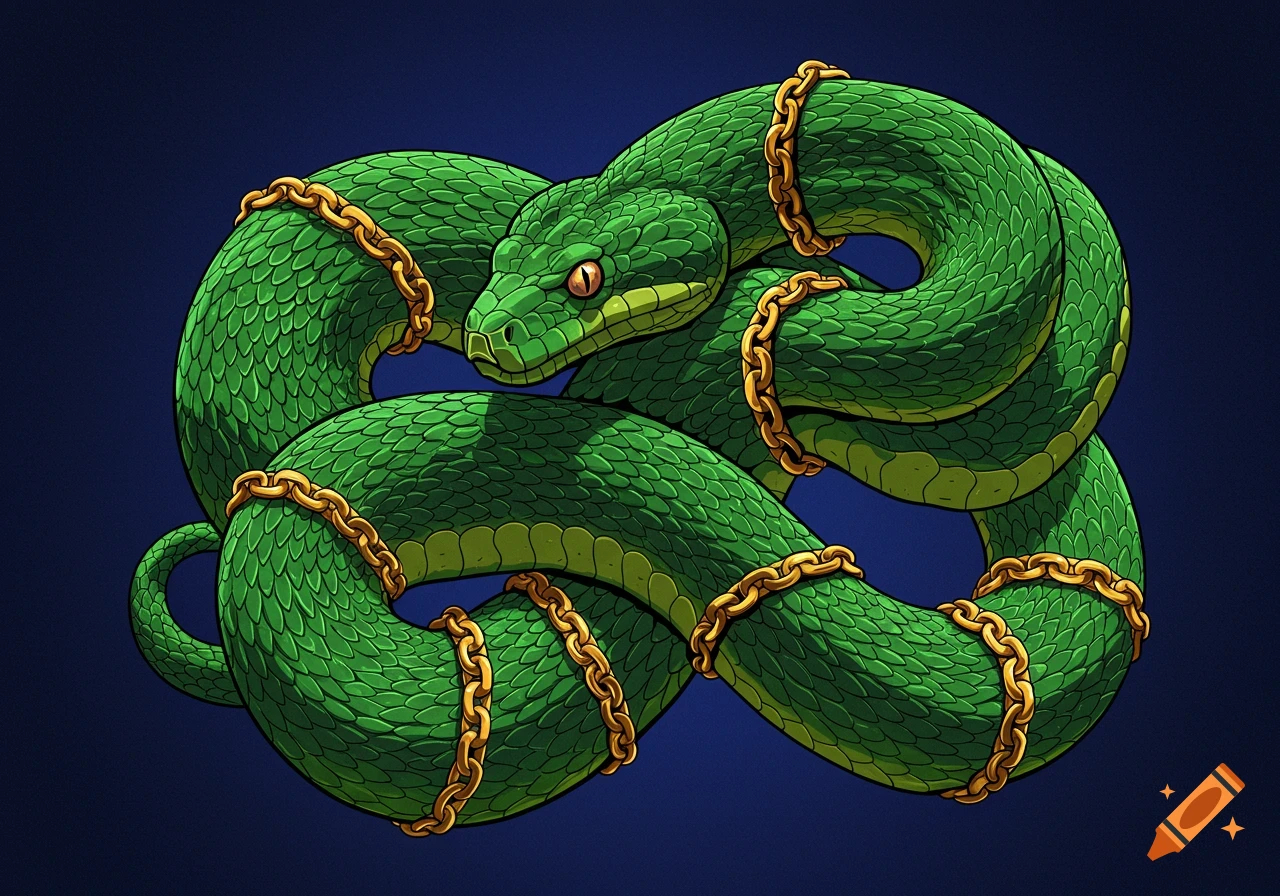 A green snake is coiled and wrapped in gold chains.