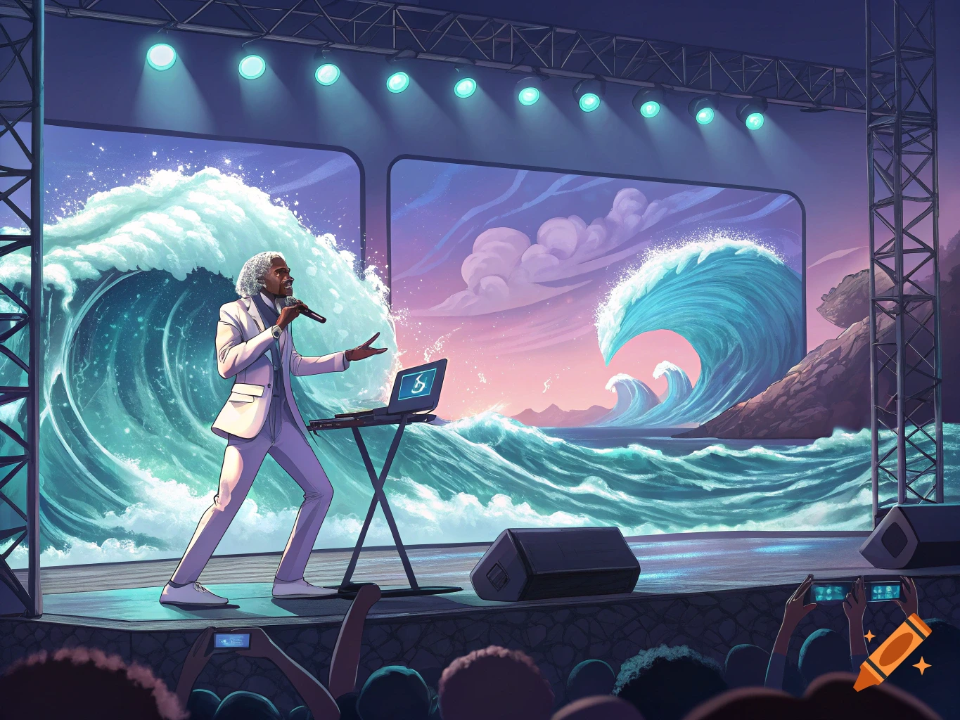 A man sings on a stage with large screens behind him displaying crashing waves. An audience watches in the foreground.