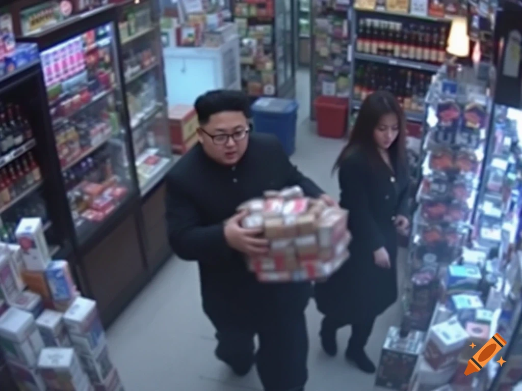 CCTV footage of Kim Jong Un and a woman in a store carrying items, possibly robbing it.