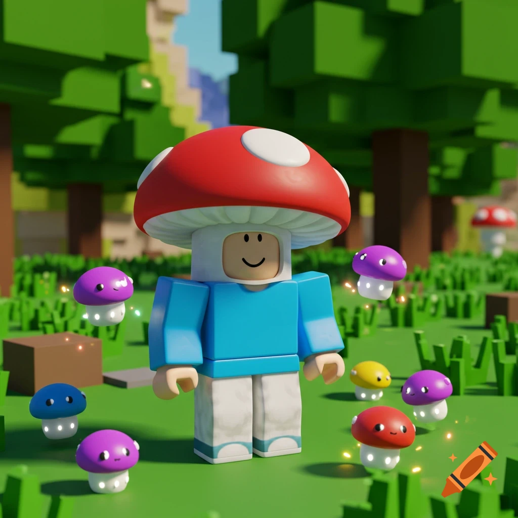 A Roblox character in a mushroom costume stands among floating colorful mushrooms in a blocky forest.