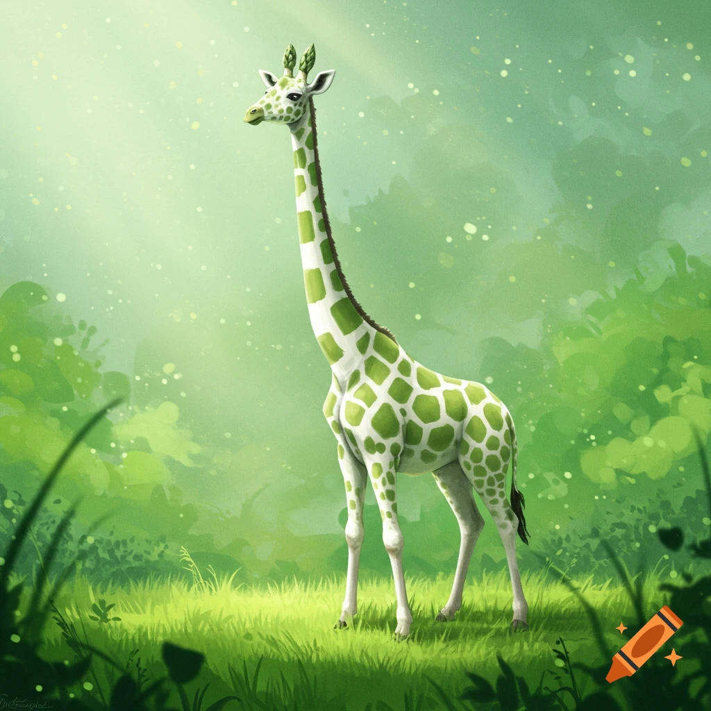 An asparagus giraffe standing in a grassy clearing.