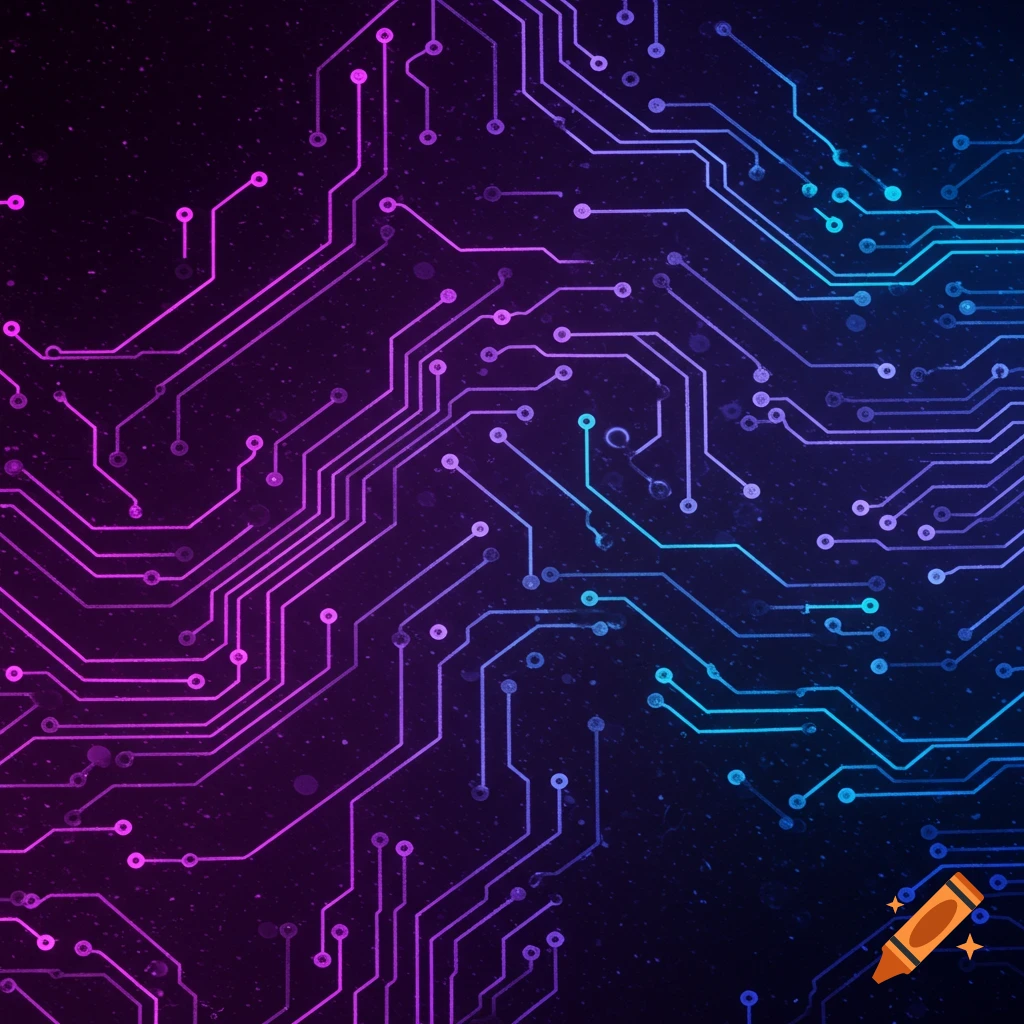 An abstract of a circuit board pattern in shades of purple and blue.