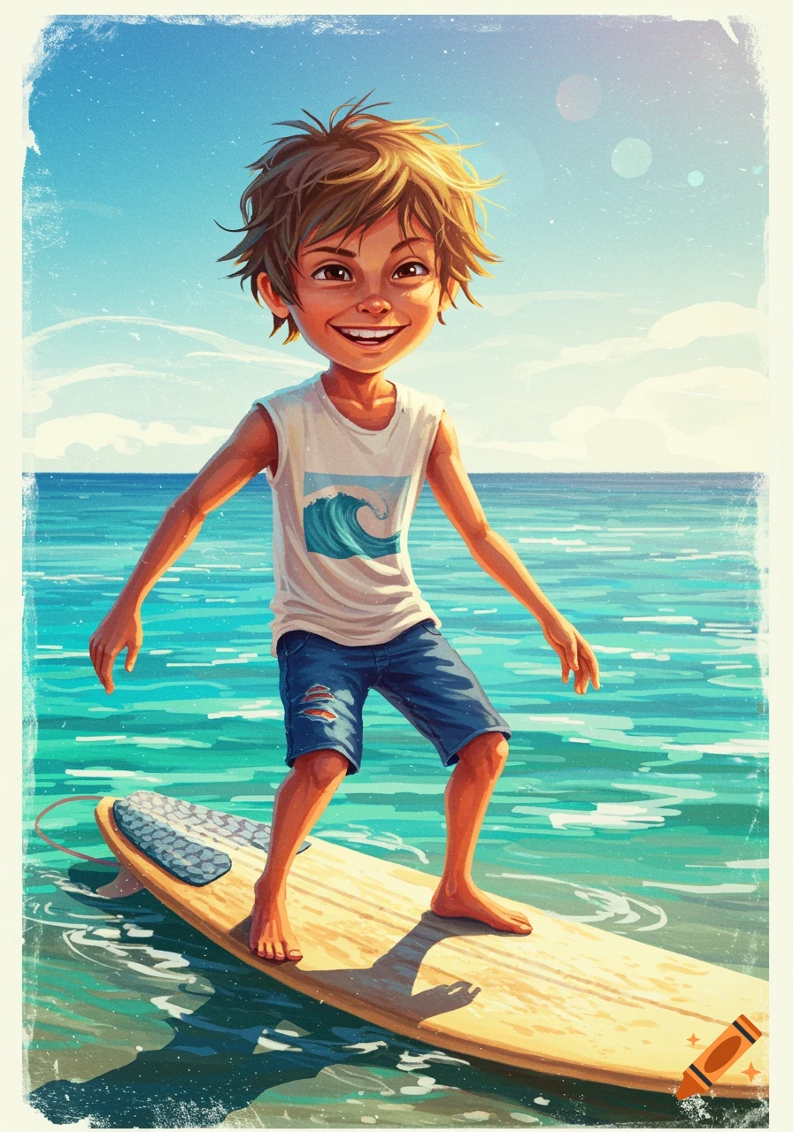Painting of a boy surfing on a board in the ocean.