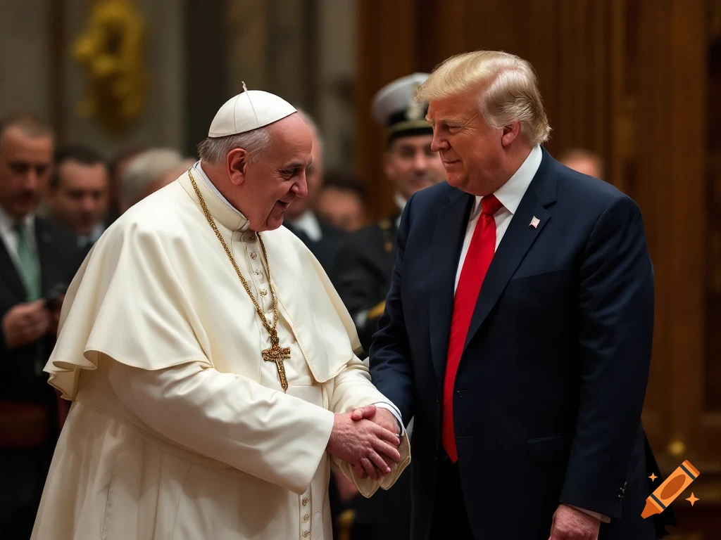 Pope Francis and Donald Trump shake hands.