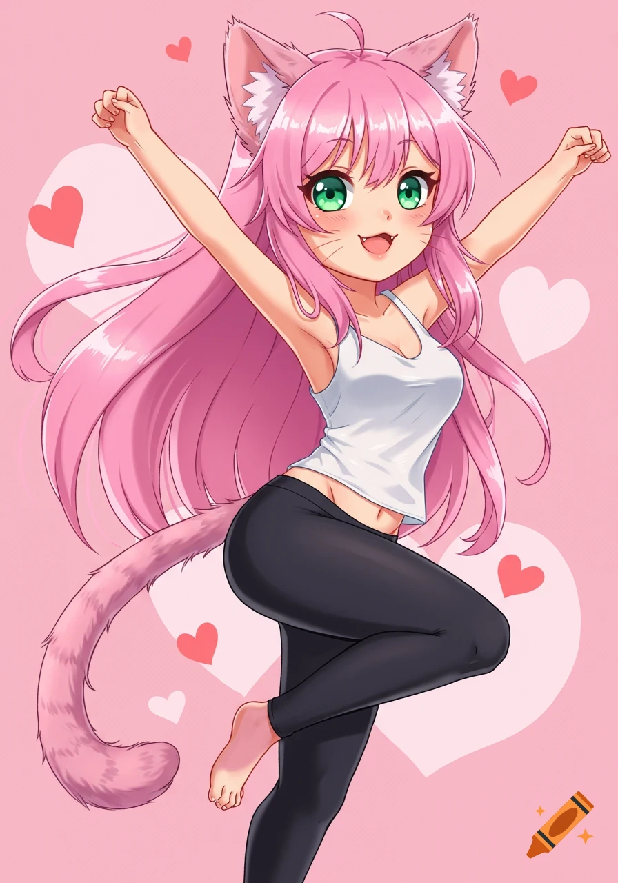 Anime cat girl with pink hair and tail in a tank top and leggings, posing against a pink background with hearts.