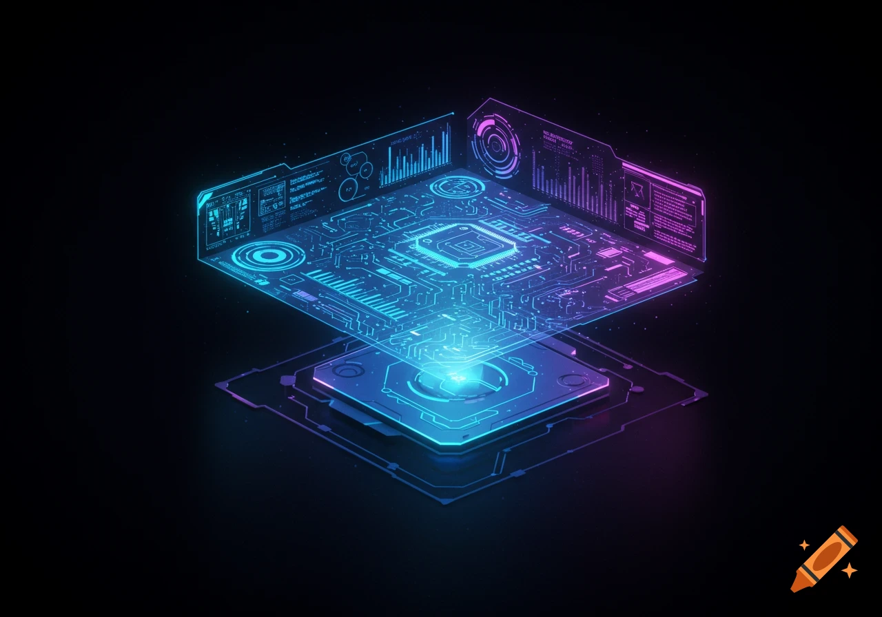 A glowing circuit board with a holographic display overlay, illuminated with blue and pink light.