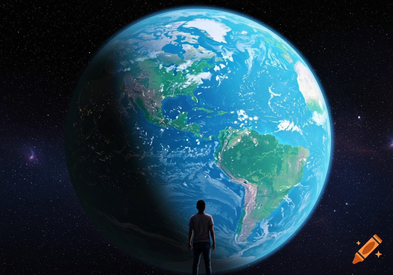 A person stands looking at a large view of the Earth from space.