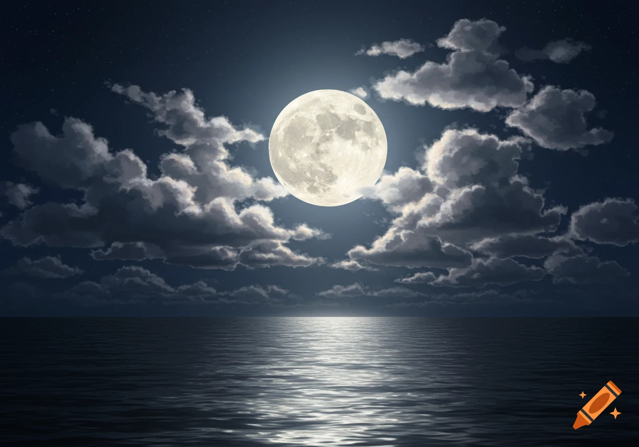 A full moon in a cloudy night sky over water with reflection.