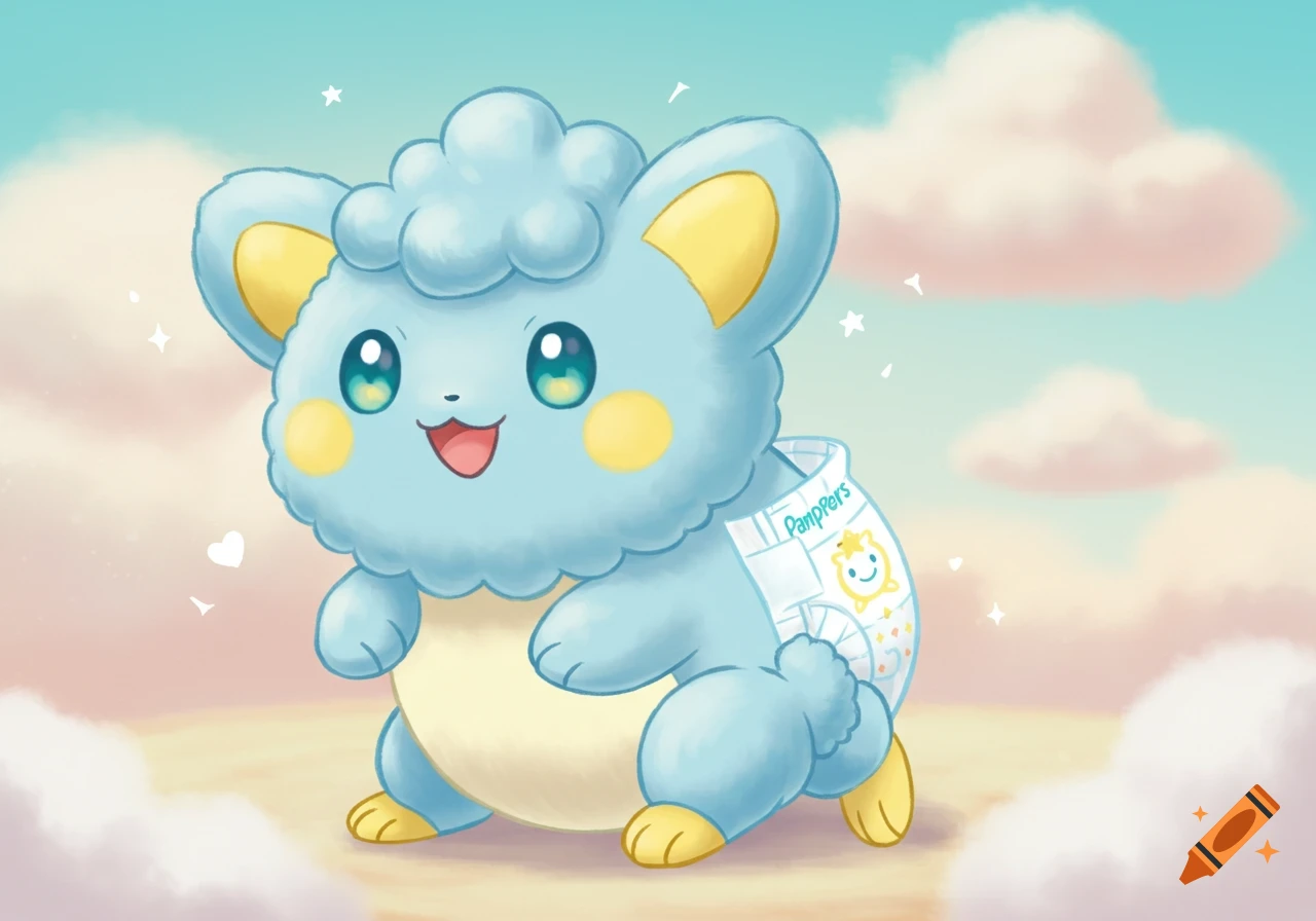 A fluffy blue and yellow cartoon creature wearing a diaper with PamPers text, in a cloudy sky.