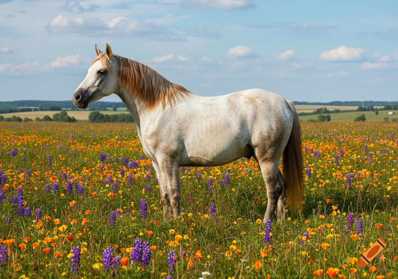 A white horse stands in a field of colorful wildflowers under a blue ...