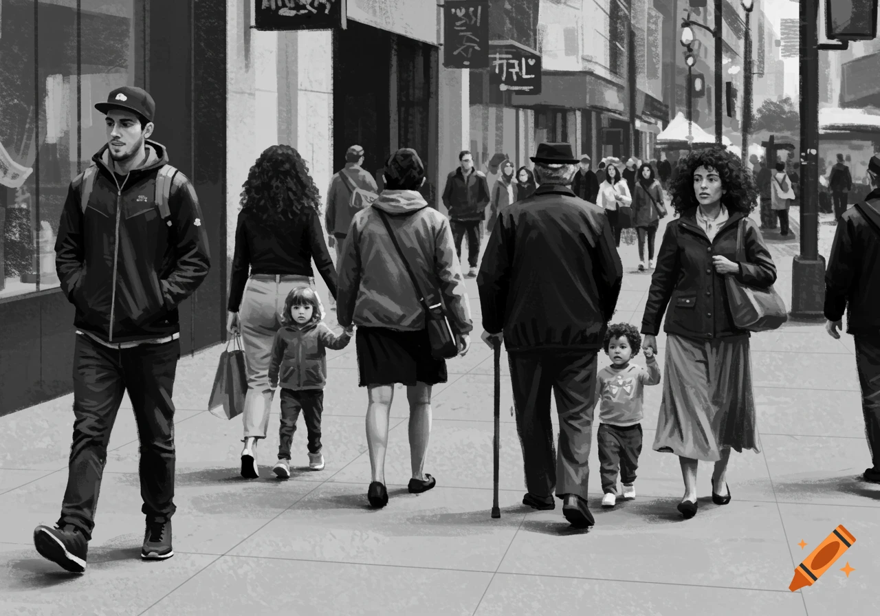 Black and white image of diverse people walking on a busy city sidewalk.