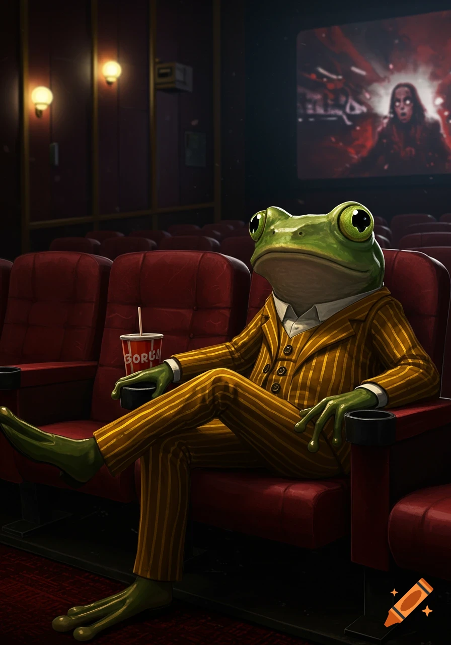 Anthropomorphic frog in a suit watches a horror movie in a dark theater.