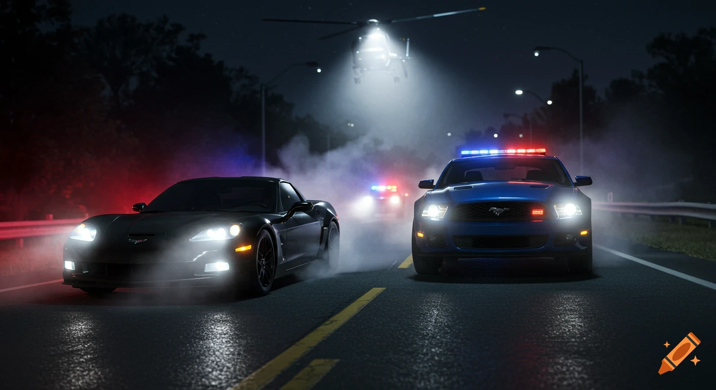 Two muscle cars, a black Corvette and blue Mustang, pursued by police cars and helicopter at night.