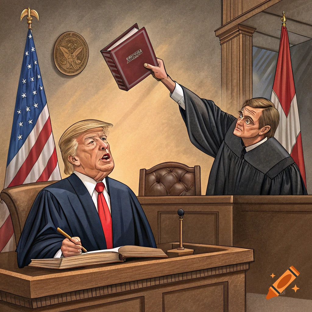 Cartoon illustration of a judge holding a book towards Donald Trump in a courtroom.