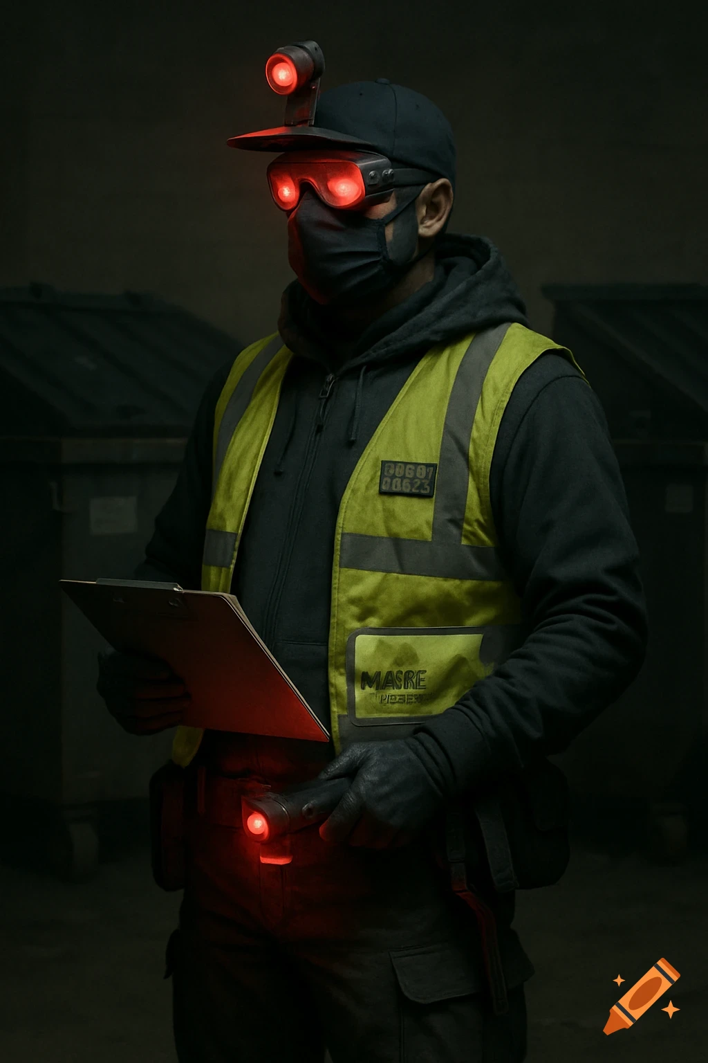 A person in a mask, goggles with red lights, and a hi-vis vest holds a clipboard in a dark industrial area.