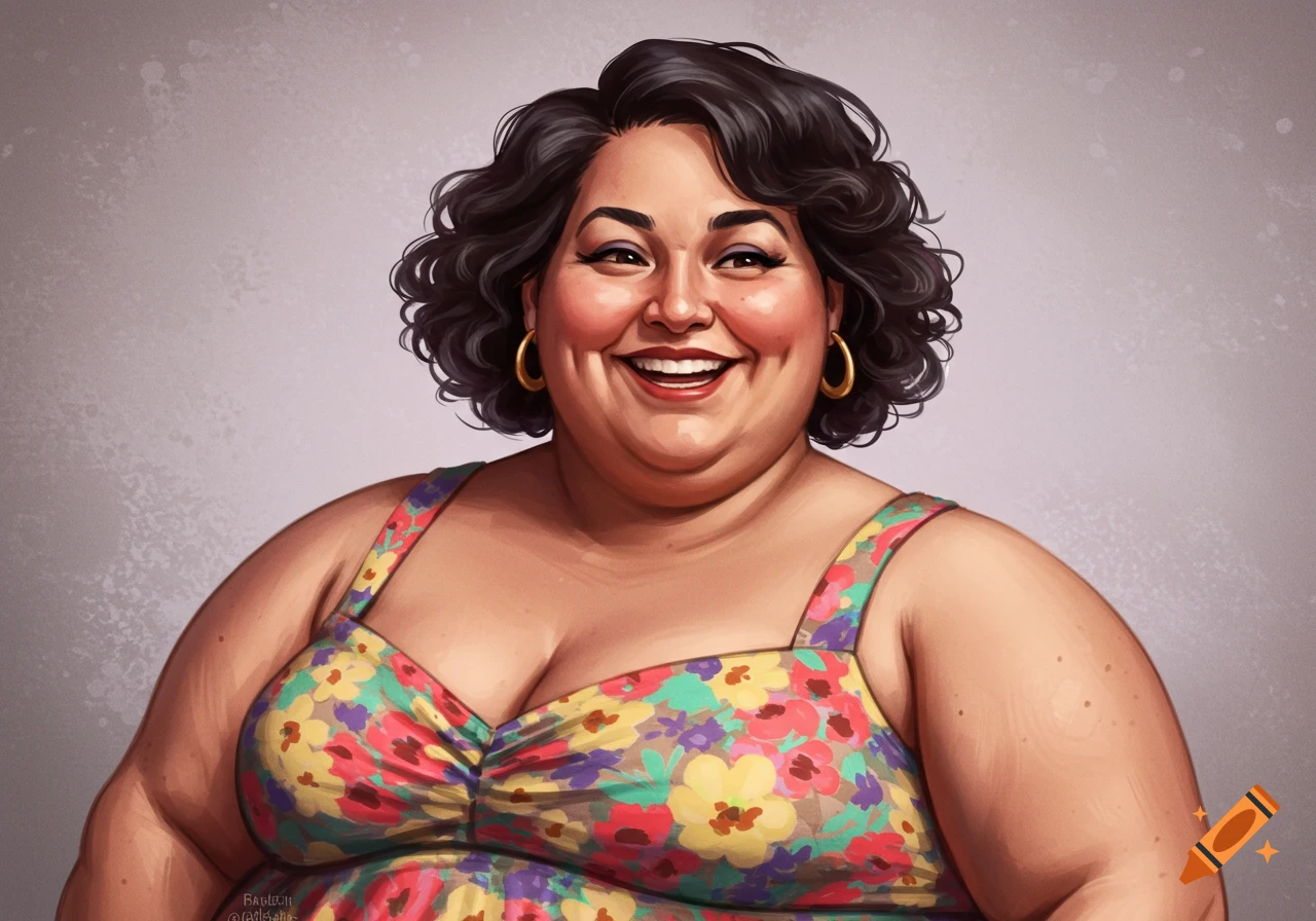 A smiling woman in a floral dress.