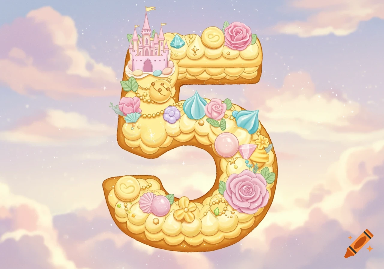 Princess-themed Number 5 cake with a castle, flowers, and gems on a whimsical sky background.