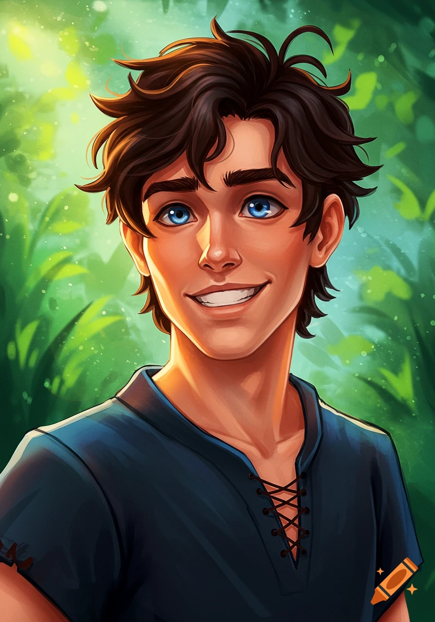 A smiling young man with blue eyes against a green background.