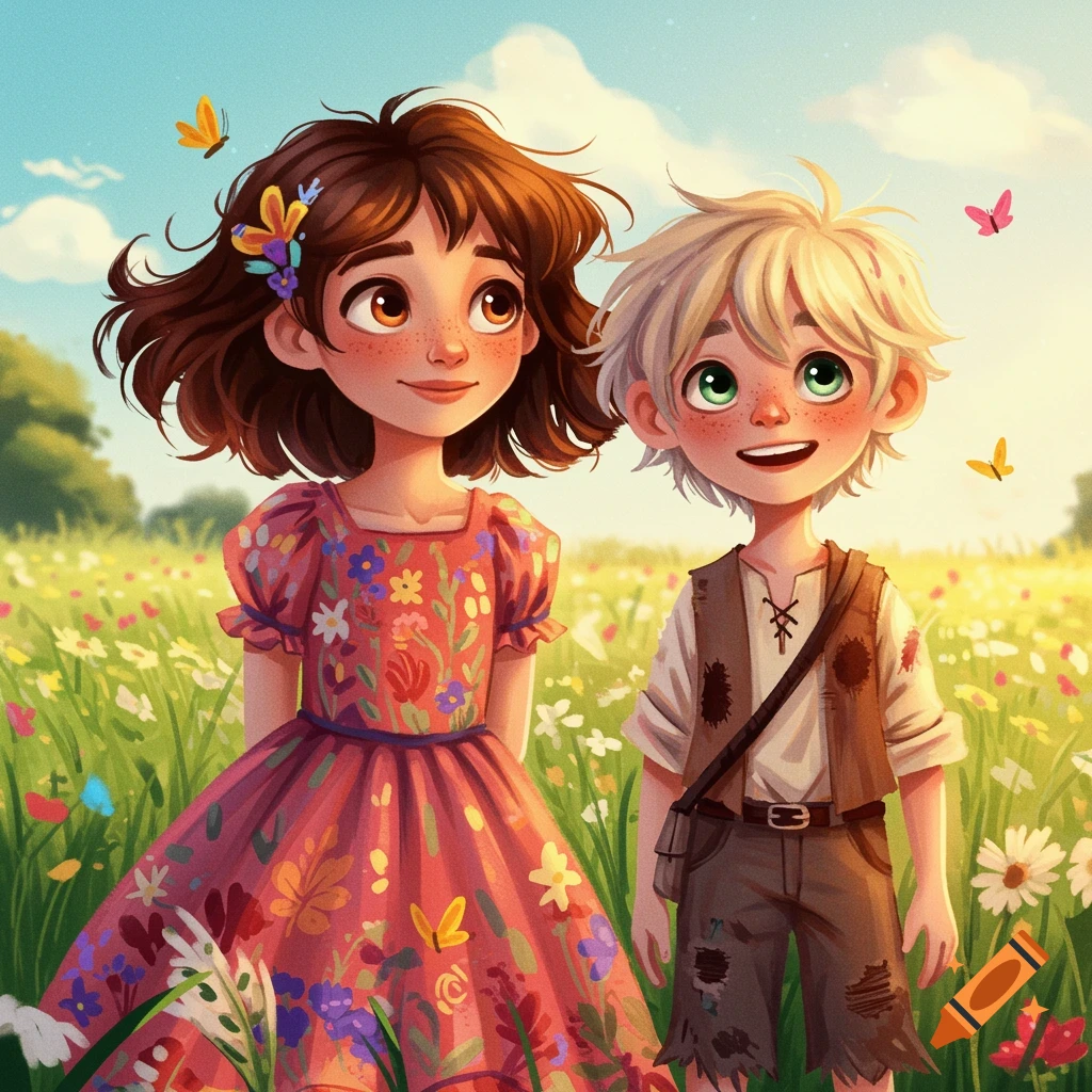 Whimsical illustration of a boy and girl in a sunny wildflower meadow.