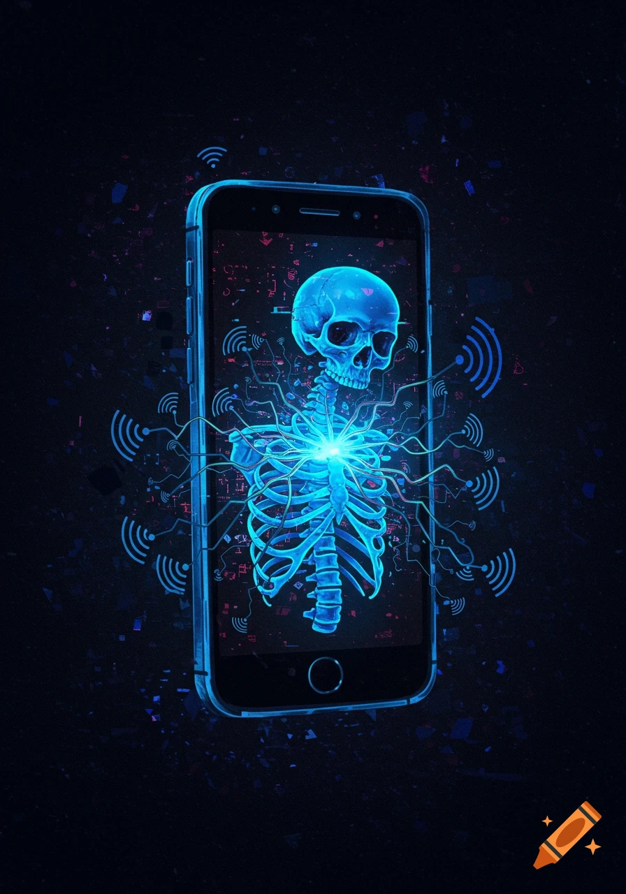 A glowing blue skeleton is depicted inside a smartphone, surrounded by wifi signals and circuits.