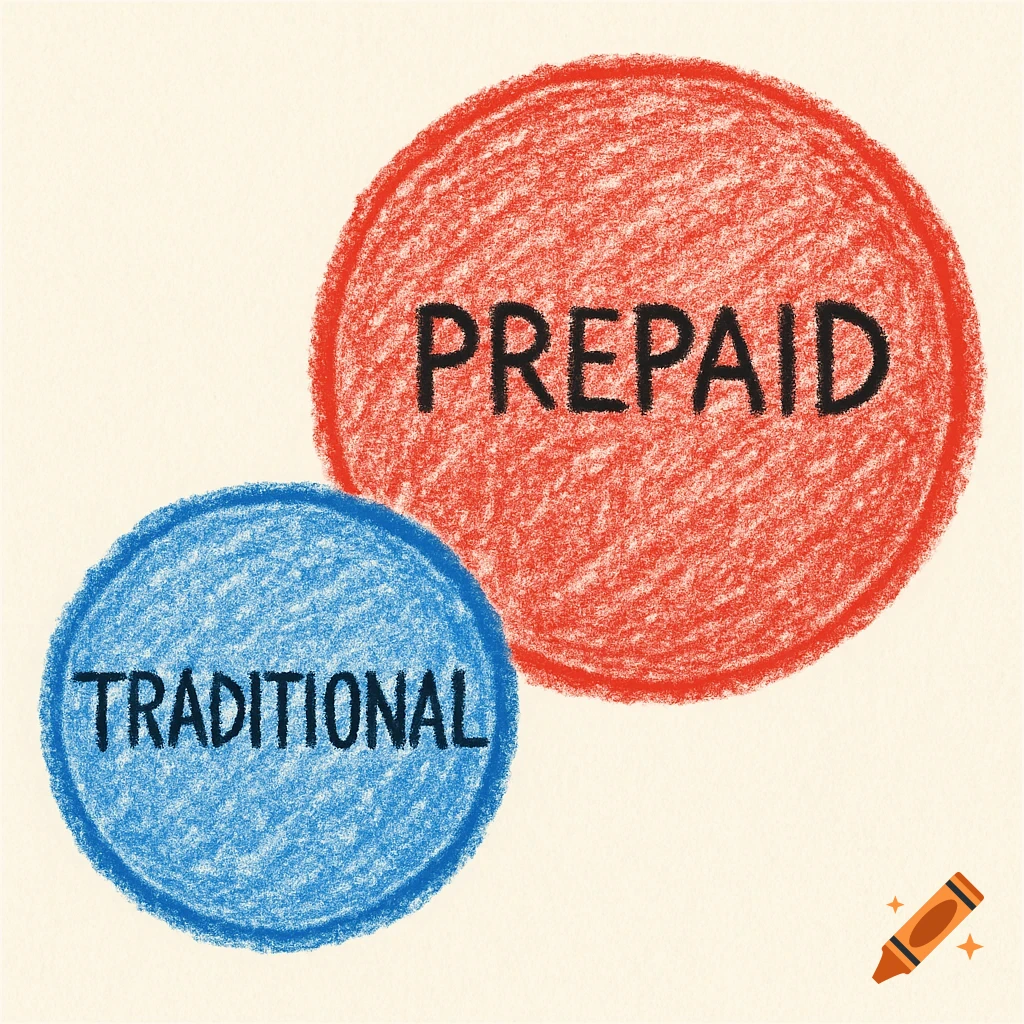 Two crayon circles, one larger red labeled PREPAID, one smaller blue labeled TRADITIONAL.