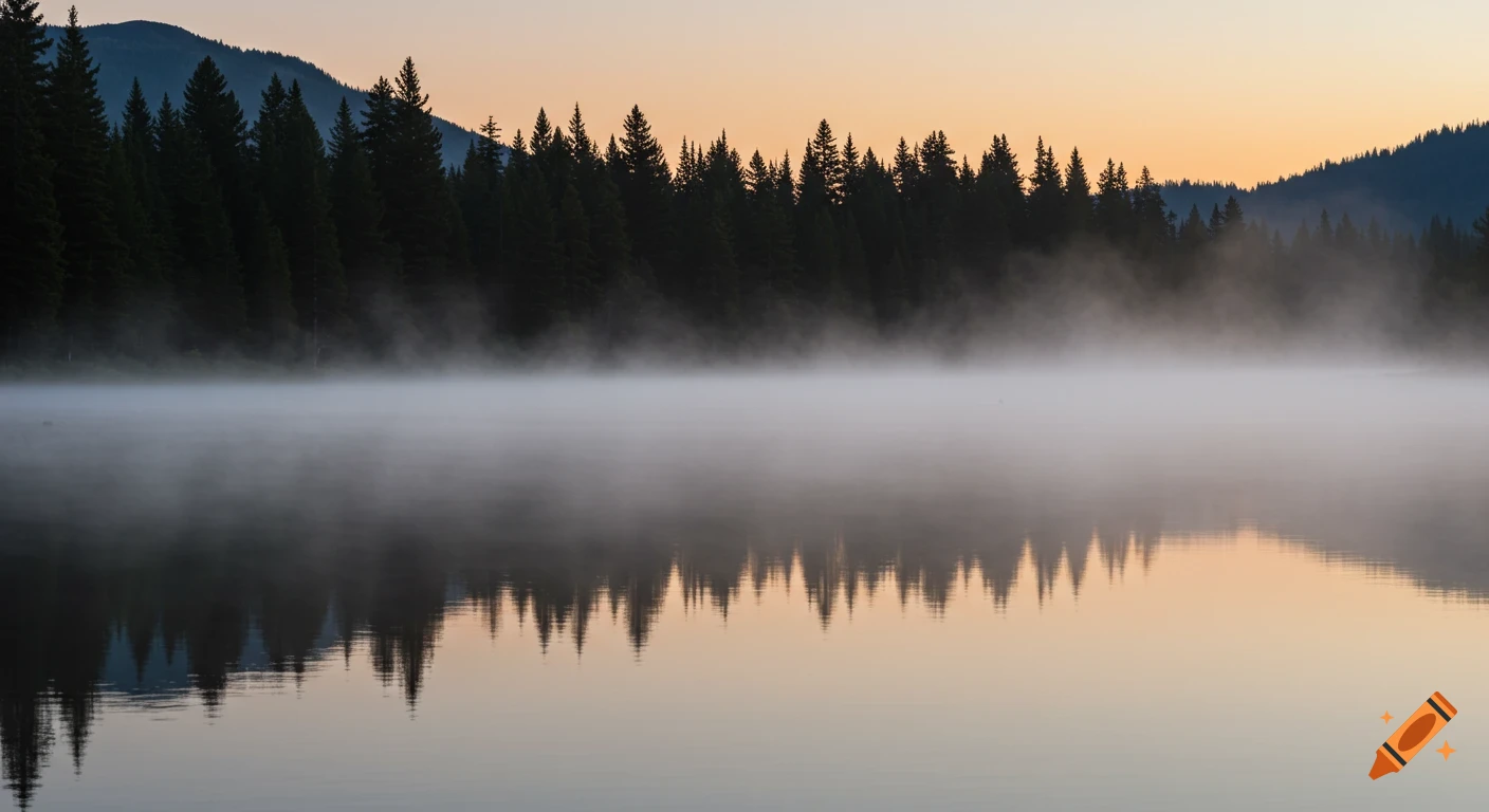Misty mountain lake at sunrise with pine trees