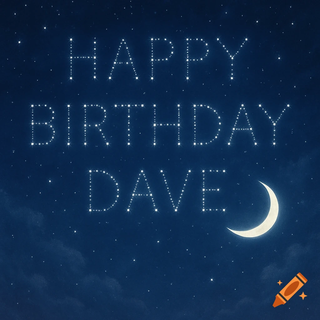 Stars spell Happy Birthday Dave in a dark blue night sky with a crescent moon.