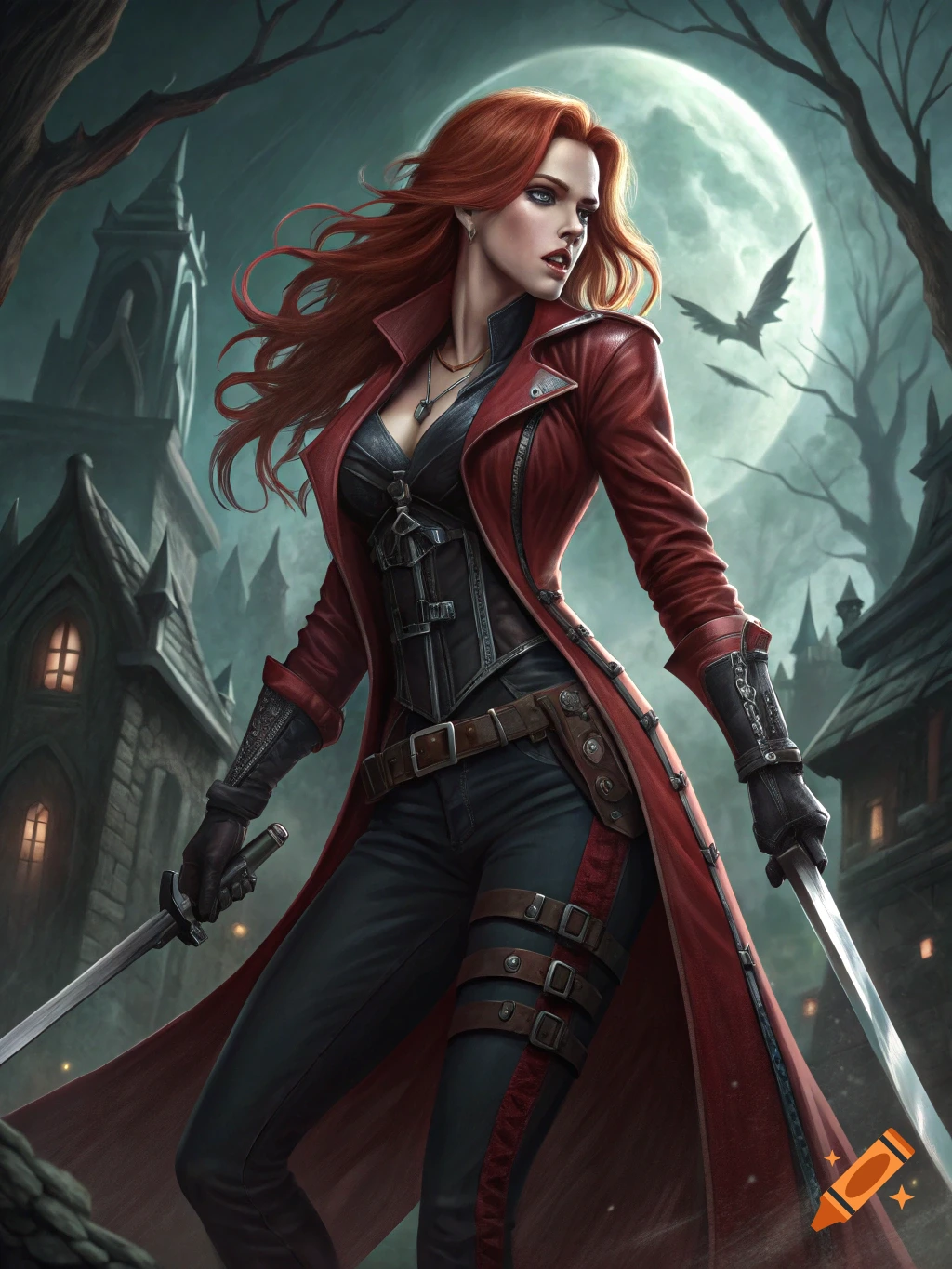 A woman with red hair in a red coat and combat gear stands with swords in a fantasy town at night under a full moon. Digital art.
