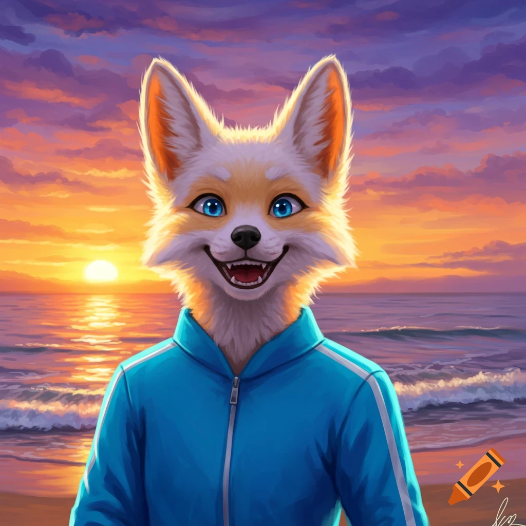 Smiling anthropomorphic fox in a blue jacket on a beach at sunset.